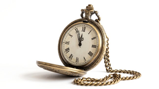 Antique brass pocket watch with open lid and chain showing hands minutes before New Year midnight on white