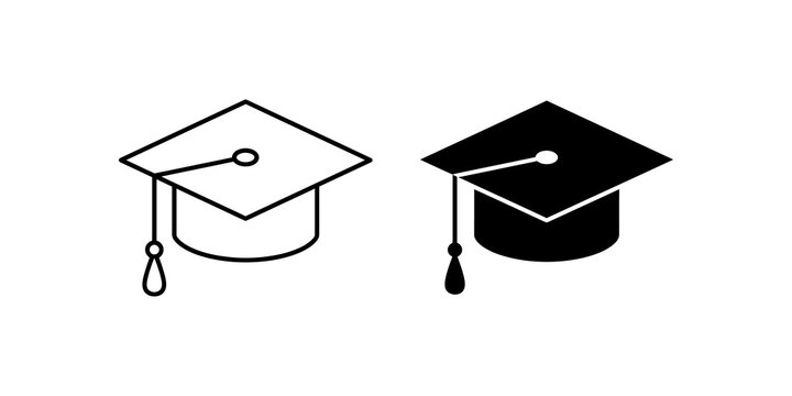 Academic graduation cap icons created in minimal outline and solid style.