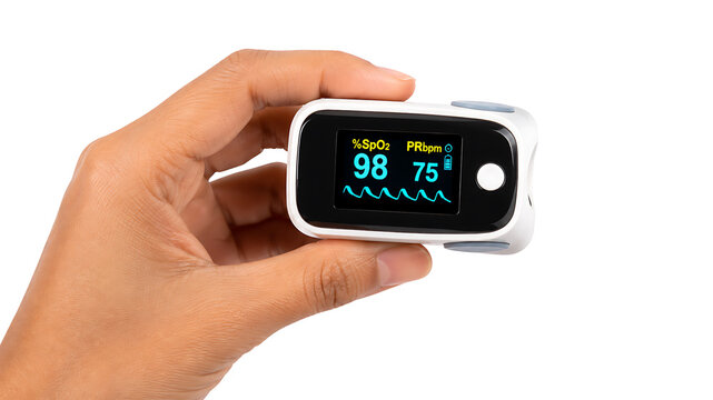 Hand holding fingertip pulse oximeter showing oxygen saturation and heart rate monitor