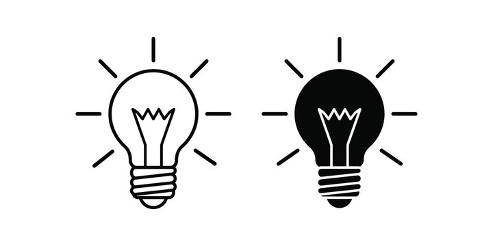 Creative thinking light bulb icon set with shining glow line beams.