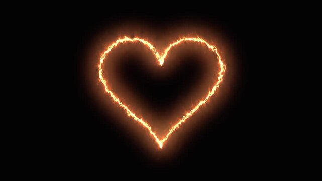 Glowing fire heart shape with intense orange embers isolated on a solid black background for overlay