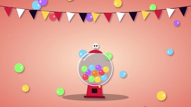 Colorful candy machine with bouncing gumballs on pink background