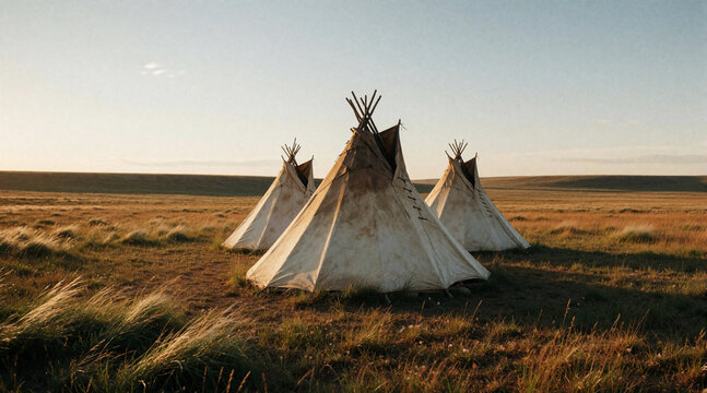 Three teepees on grassy plain at golden hour