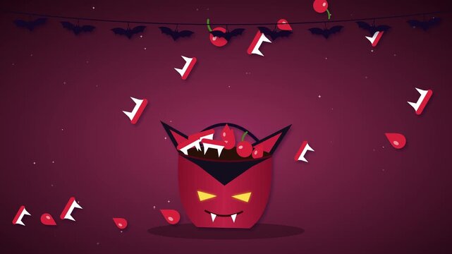 Animated red devil mask surrounded by floating hearts