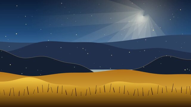 Minimalist vector illustration of a peaceful night landscape with golden fields and rolling hills under starry sky