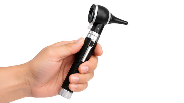 Hand holding otoscope medical examination tool isolated on white background