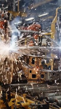 Dynamic Manufacturing Process Showcasing the Transformation of Raw Materials into Automotive Structures with Precision and Technology in a High-Efficiency Factory Environment