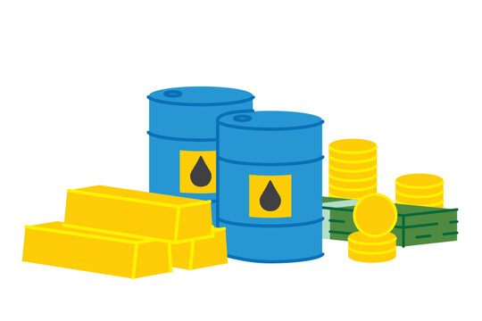 gold bars, oil barrels and money; wealth, commodities, investment, finance, energy, trading and global markets concept - vector illustration
