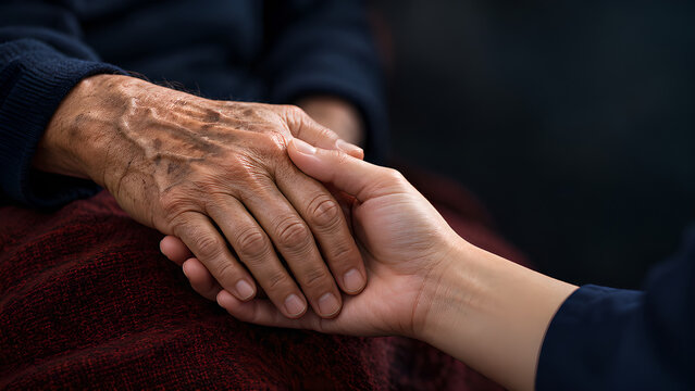 Geriatric care with elderly hands held by supportive caregivers in realistic close up photographs with a dark background, warm light and copy space for healthcare posters and patient education