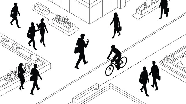 Isometric City Plaza with Business People Walking and Cycling Line Art Vector