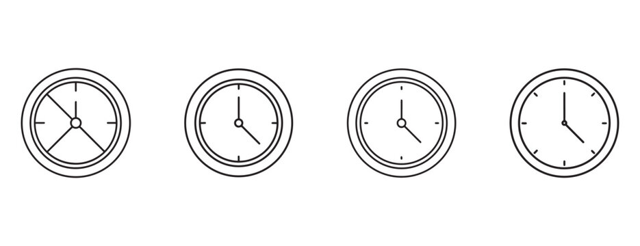 clock faces with hands in various positions on white background  simple line art style