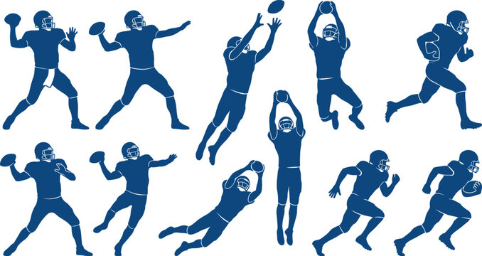 American Football Quarterback Receiver Runner Silhouette Set Blue Vector