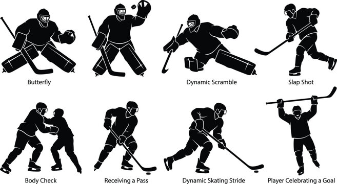Ice Hockey Goalie and Player Action Silhouette Set Slap Shot Body Check Vector