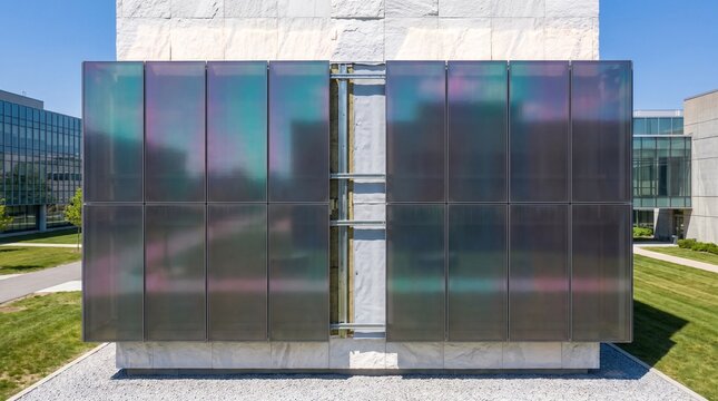 Translucent graphene rainscreen over white stone wall