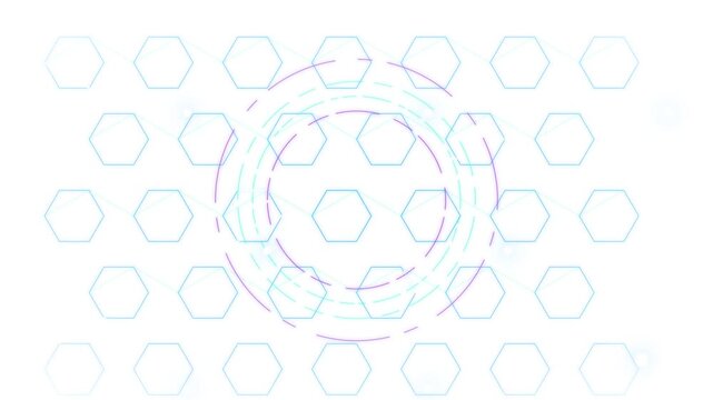 Abstract 4K motion graphic featuring a hexagonal quantum circuit mesh on a white background with purple zigzag paths, cyan nodes, and a central circular data visualization hud element.