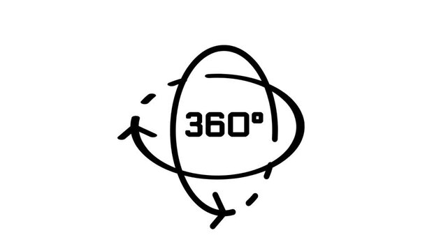 Black line icon of 360 degree text inside orbit rings with rotation arrows symbolizing panoramic rotation, spherical view and virtual reality tour