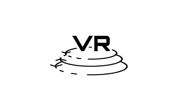 Black icon of VR text above stacked spiral rings with dashed arrows symbolizing virtual reality rotation, immersive loop, spin view and digital world