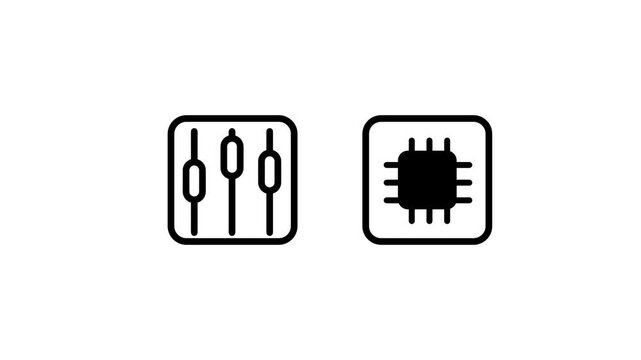 Black outline icon of a mixer slider panel beside a microchip representing hardware configuration, processor tuning and electronic control settings
