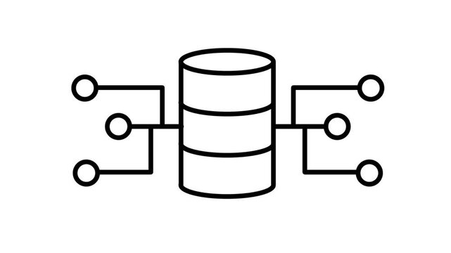Black line icon of a database cylinder linked with circuit board nodes symbolizing data processing, network connectivity and digital information flow