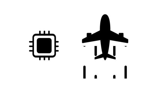 Black icon of a microchip beside an airplane taking off representing aerospace technology, smart avionics, flight automation and aviation systems