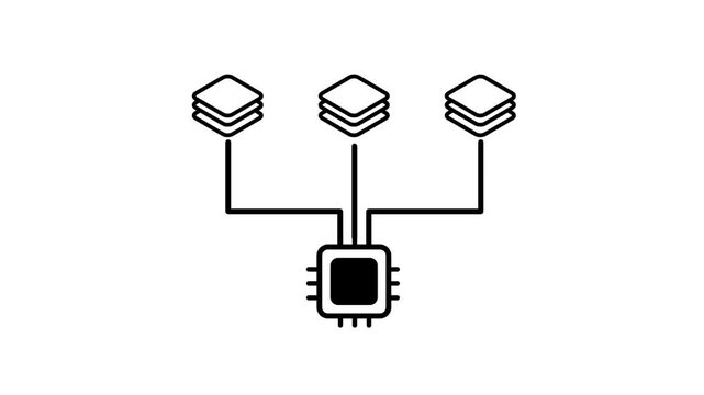 Black line icon of three stacked layers connected to a microchip below representing data aggregation, multi layer processing and information fusion