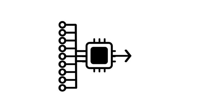 Black line icon of a chip connected to a data bus with an output arrow representing parallel processing, signal transmission and hardware architecture