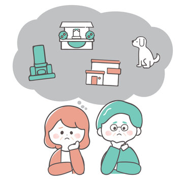 終活について不安を抱える日本人中高年夫婦｜手描きタッチのかわいいイラスト