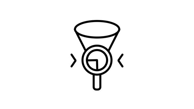 Black line icon of a funnel above a magnifying glass with clock and arrows representing time based data filtering, search analysis and refinement
