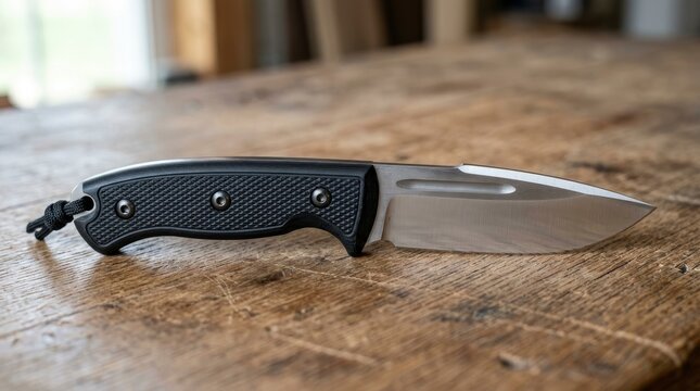 Modern Tactical Fixed Blade Hunting Knife with Textured Black G10 Handle on Rustic Wooden Table
