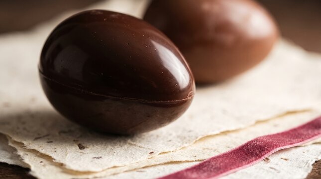 Glossy chocolate Easter egg detail on textured paper