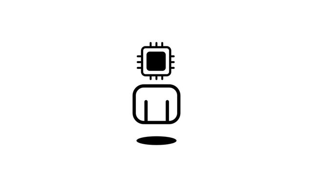 Black icon of a person with a microchip head and a shadow beneath representing artificial intelligence, AI assistant, cyborg and human tech fusion