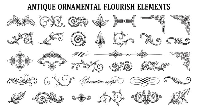 Collection of Vintage Calligraphic Flourish Elements and Decorative Ornate Borders for Elegant Graphic Design Projects