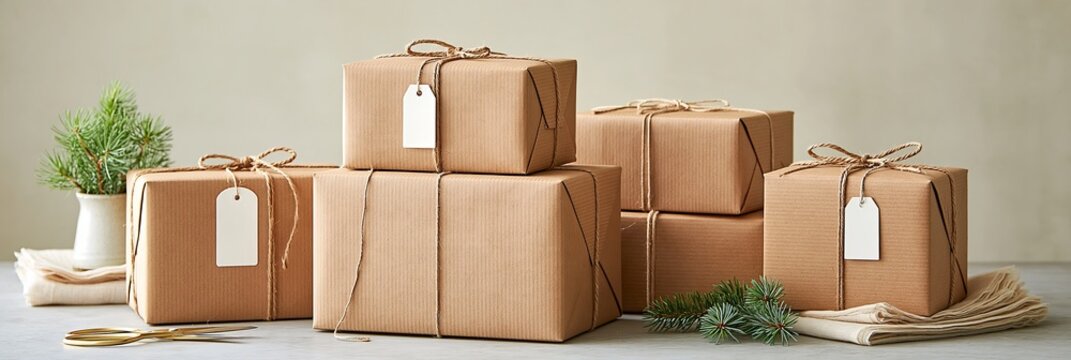 Elegant Christmas Gift Boxes Wrapped In Brown Kraft Paper With Blank Tags On A Minimalist Table