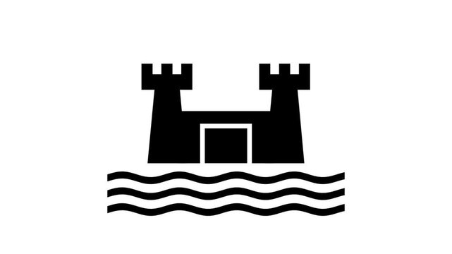 Black solid icon of a stone castle with tall towers standing on rippling water waves symbolizing fortress defense, medieval architecture and security
