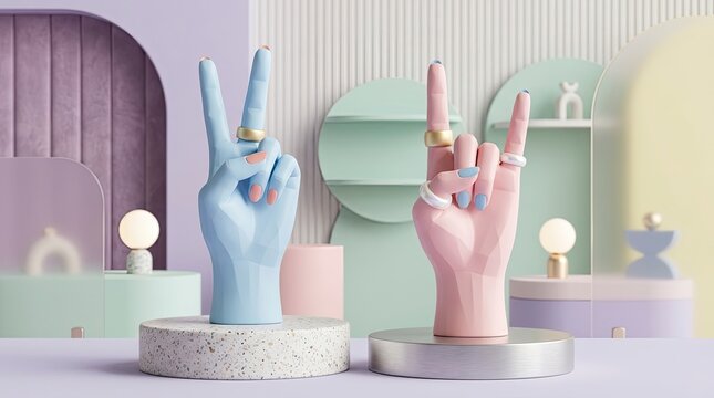 3D Render of Stylized Pastel Hands Making Peace and Rock Gestures on Display Podiums in a Minimalist Abstract Interior Design