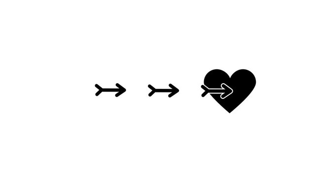 Black icon of two flying arrows aiming at a solid heart symbolizing love, cupid arrow, romance, attraction, valentine and falling in love concept
