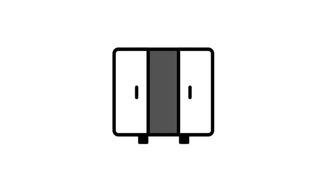 Black line icon of a tall wardrobe cabinet with two doors and small feet representing closet, furniture, storage, clothes organizer and home interior