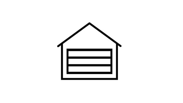 Black outline icon of a garage with a roll up door and pitched roof symbolizing home storage, car vehicle parking, residential building and property