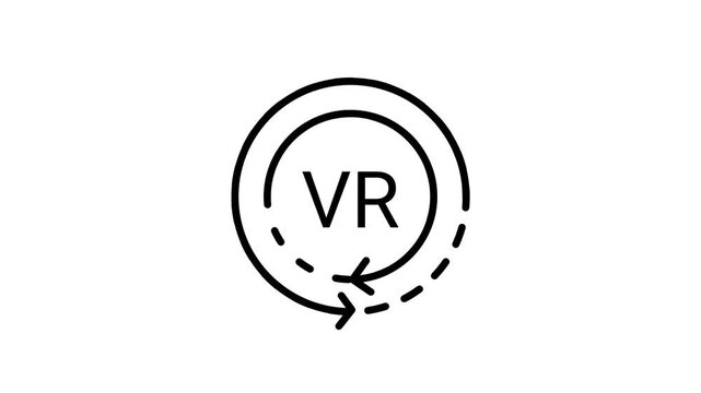 Black line icon of the letters VR inside a circle with circular rotating arrows symbolizing virtual reality, immersive technology and rotation view