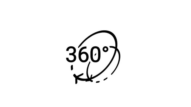 Black line icon of 360 degree text with curved orbit arrows and a dashed ring symbolizing panoramic view, full rotation and virtual tour technology