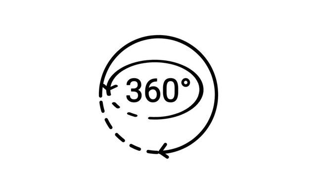Black line icon of 360 degree text inside an ellipse with a dashed circular arrow symbolizing panoramic photo, spherical view and virtual reality tour
