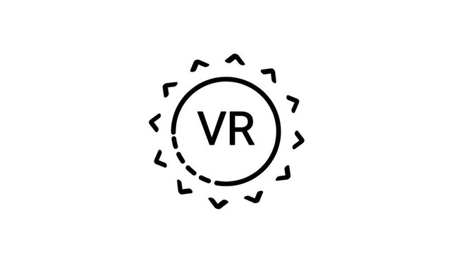 Black line icon of VR letters inside a circle surrounded by dashed arrow segments symbolizing virtual reality, immersive experience and surround view