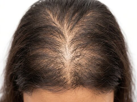 Woman showing visible hair thinning and reduced density across the scalp