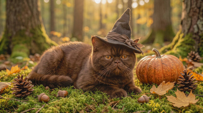 Exotic Shorthair cat wearing a witch hat with Halloween pumpkin