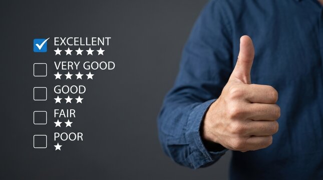 Customer satisfaction survey with excellent rating and thumbs up gesture.