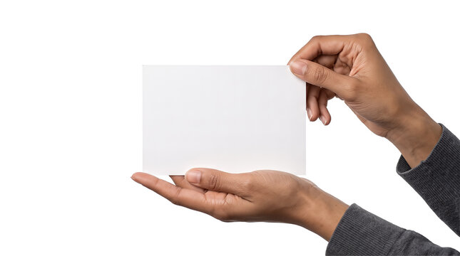 Mockup of hands in gray knit sleeves holding a blank white horizontal paper card as an isolated PNG on a transparent background