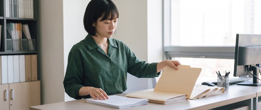 Generative AI, Office worker organizing documents and folders at her desk