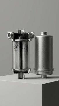 Industrial Refrigerant Recovery and Reclamation Filter Canister with Pleated Metal Element Displayed on Clean Pedestal Against Neutral Background