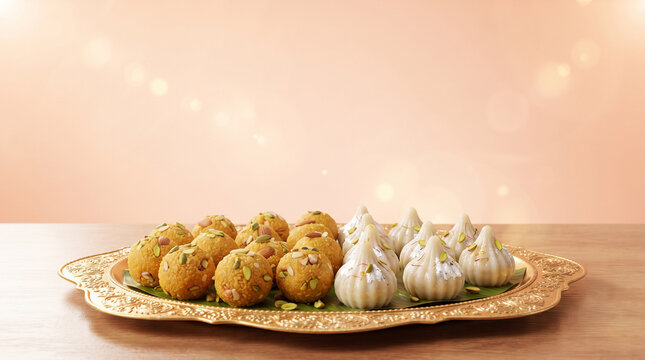 Indian sweets platter with laddoos and modaks