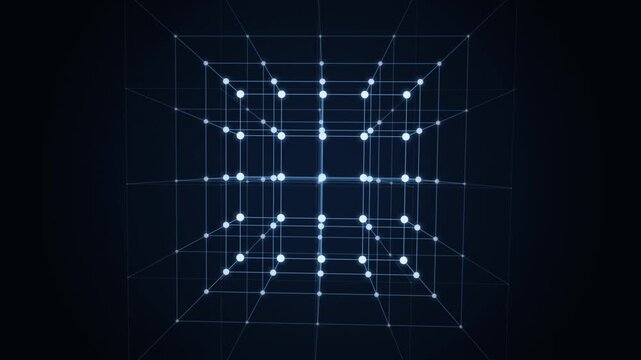 abstract 3D wireframe cube grid with glowing nodes and connecting lines motion background